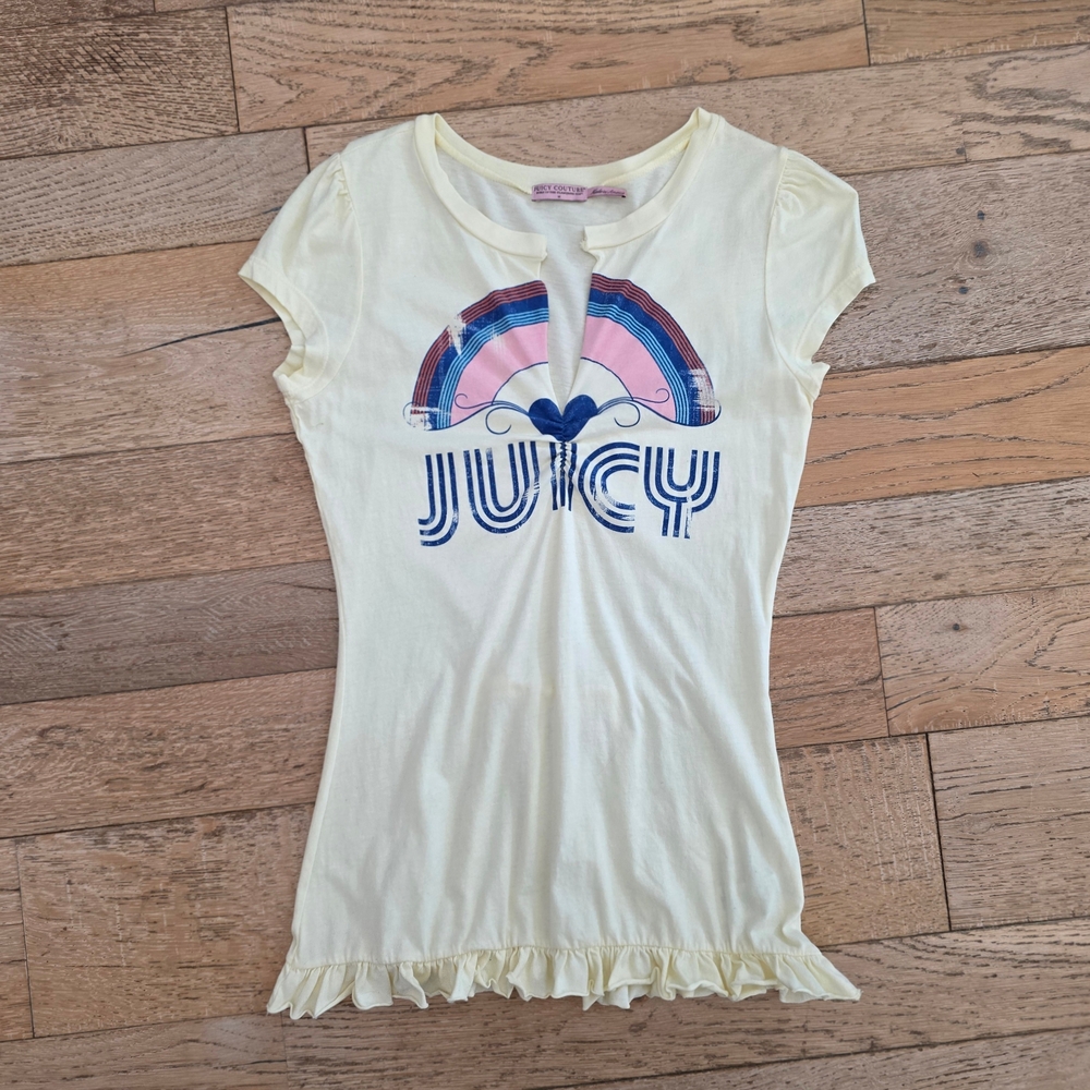 Vintage y2k Juicy Couture Yellow Ruffle Rainbow Heart Graphic Tee mcbling 2000's